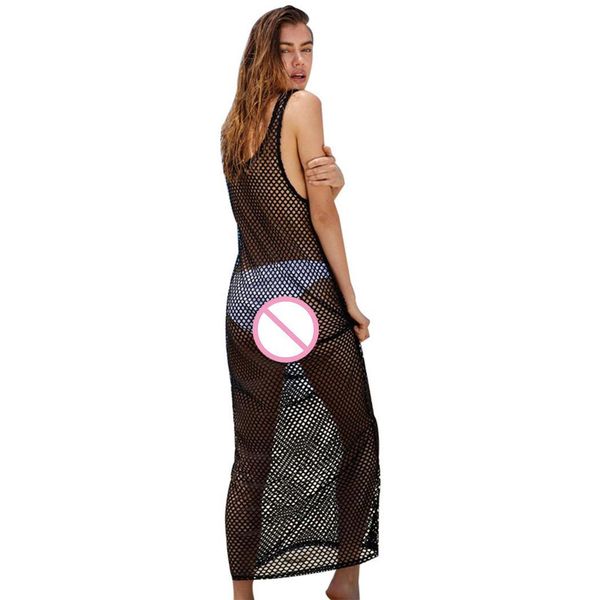 

women round neck sleeveless see through hollow out full length beach bikini cover fashion black up summer, Blue;gray