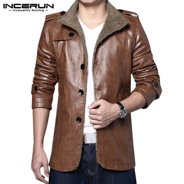 

men's fur & faux winter fashion men jackets pu leather streetwear lapel long sleeve coats business casual 2021 warm overcoats incerun, Black