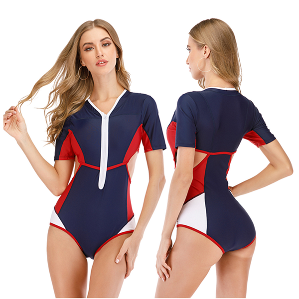 

bunvel 2020 sexy one piece плюс размер купальник с коротким рукавом купальники лоскутная выдалбливают лето rashguard женщины surfsuit