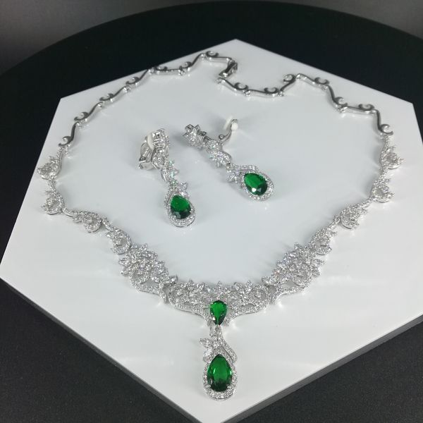 

new fashion retro red green water drop cz zircon necklace earring set,wedding bridel party banquet dress jewelry ing, Silver