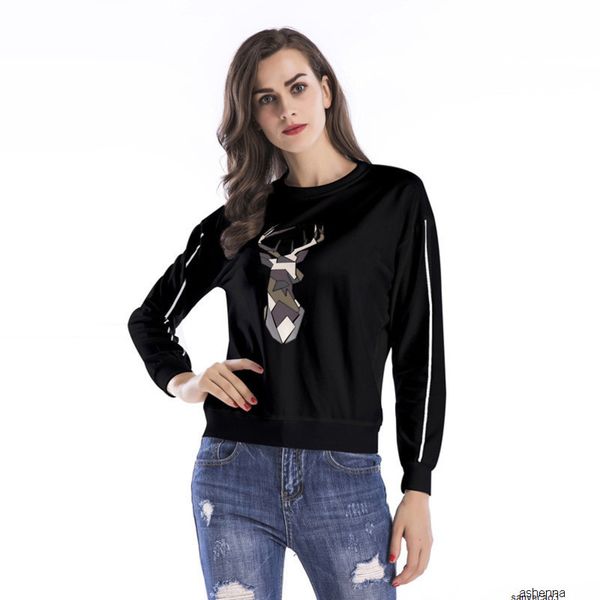 

womens designer antler print sweater round neck pullover long sleeve shirt womensa33h, Black;brown