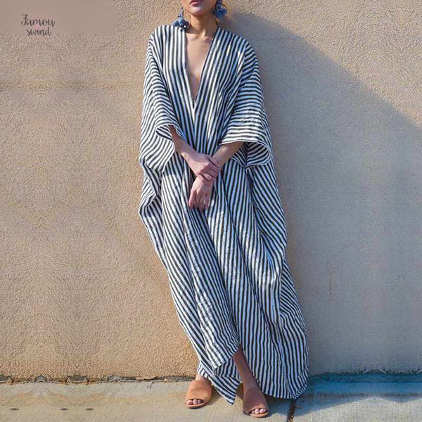 

bohemian vestidos striped dress 2019 autumn v neck irregular party maxi long dresses casual loose women plus size, Black;gray