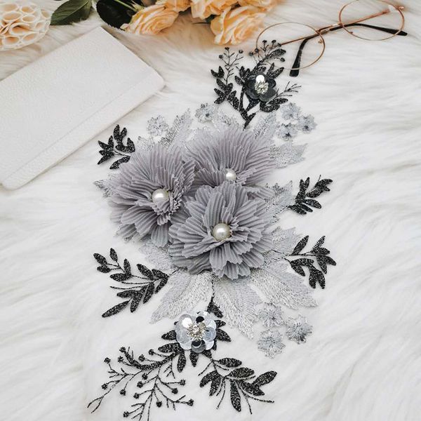 

gray flower embroidery lace collar pearl beads 3d flower applique decoration corsage patch clothes sewing supplies craft, Pink;blue