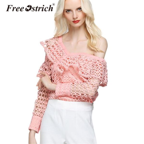 

ostrich holes hollow out asymmetric women blouse off shoulder skew collar solid full sleeve ladies shirt n30, White