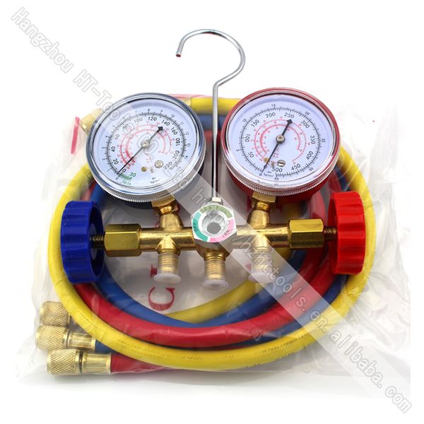 

1pcs r134a r12 r22 r502 refrigerants manifold gauges tools set double table valve three colored-hoses air conditionin car-stying