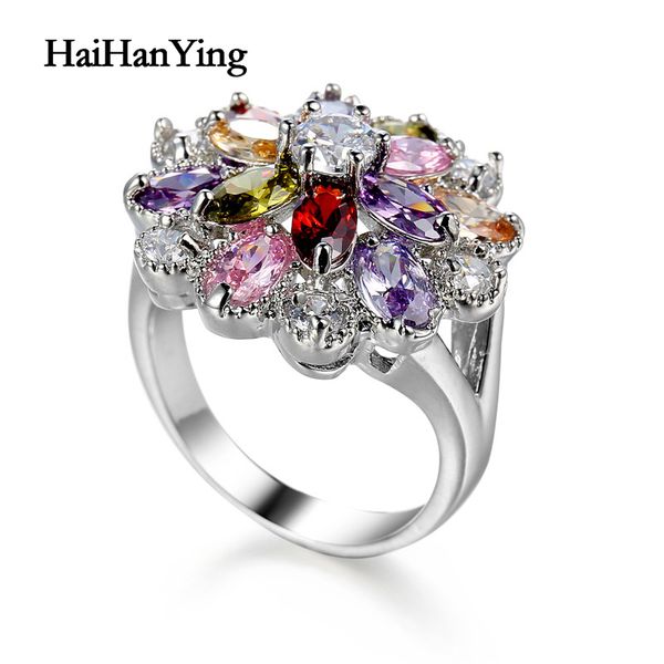 

glamour women shining zircon ring fashion simple wedding party copper colorful big zircon hand wearing accessories jewelry, Slivery;golden