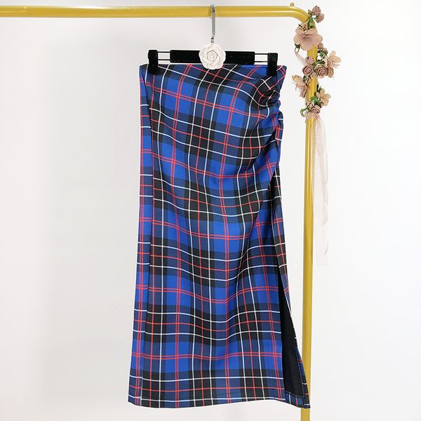 

2020 spring new folds high waist split skirt vintage port wind blue lattice, Black