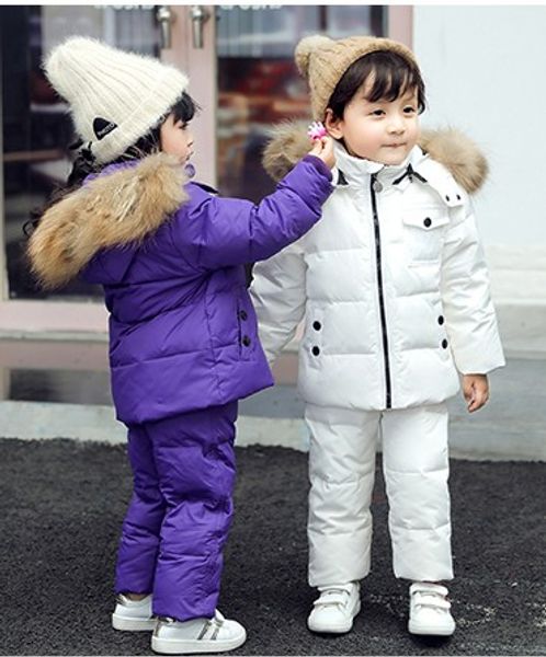

new baby girl boy fur hooded coat snow wear jacket+ bib pants overall duck down clothes sets 2 3 4 5 children kids girl boy, Blue;gray