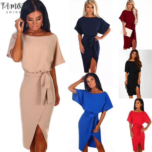 

blue elegant casual dress summer 2020 short sleeve lace up bandage midi dress women o neck office dresses ladies streetwear, Black;gray