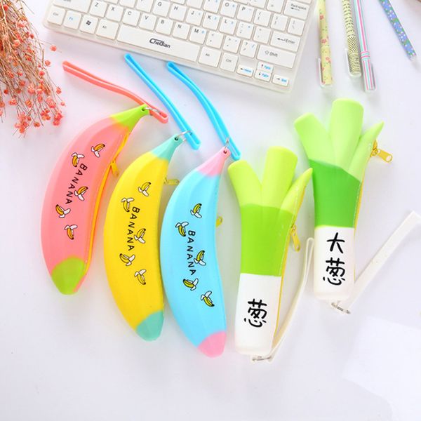 

creative banana pencil case for girls kawaii silicone green onions pen pouch storage bags key wallet school supplies stationery