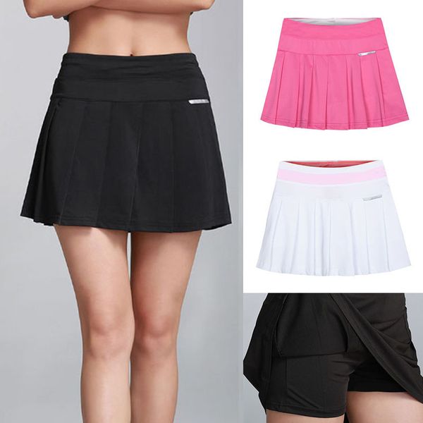 

women girls tennis skirt short dress yoga running sport skirt pleated skort with underpants anti exposure black badminton skirts, Black;red