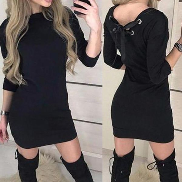 

2019 fashion trend new long sleeve long sleeve women's fashion solid o-neck mini dress, Black;gray
