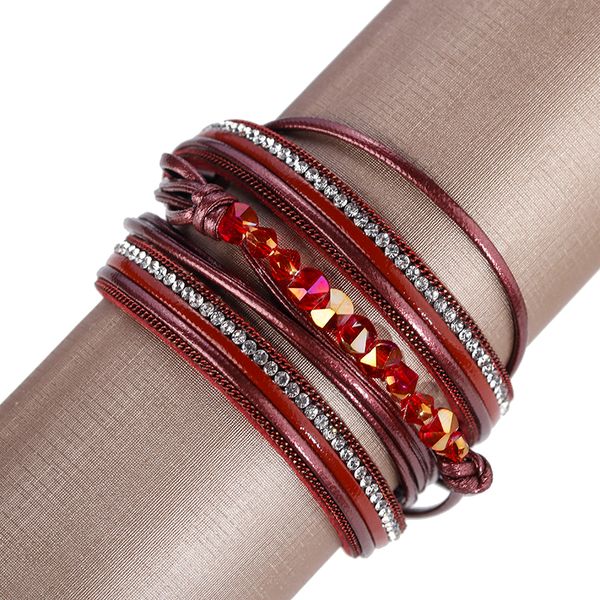 

amorcome multilayer leather bracelets for women 2020 fashion red pink crystal bohemian double wrap bracelet jewelry, Golden;silver