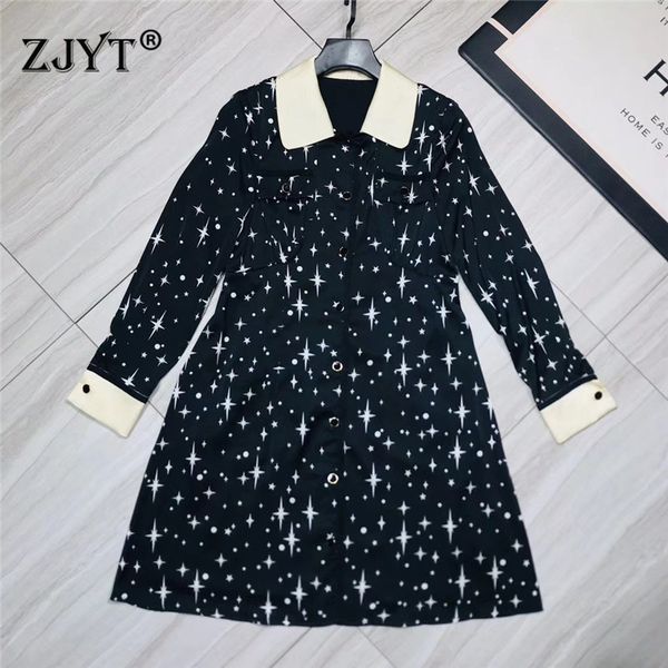 

2020 new spring designer runway dress women elegant long sleeve turn down collar star print dress casual vestidos, Black;gray