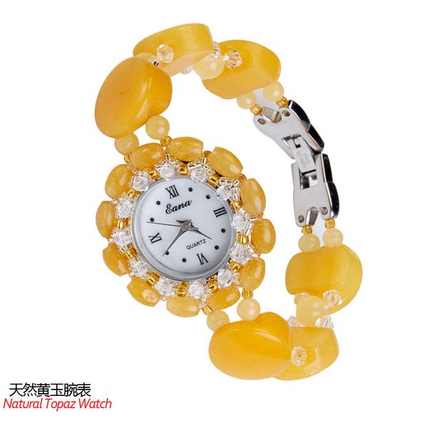 

authentic yellow lady wrist watch automatic quartz watch natural jade crystal decoration strap joker, Slivery;brown