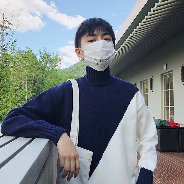 

winter turtleneck sweater men fashion new warm comfortable casual slim fit male clothes color stitching knit pullover, White;black