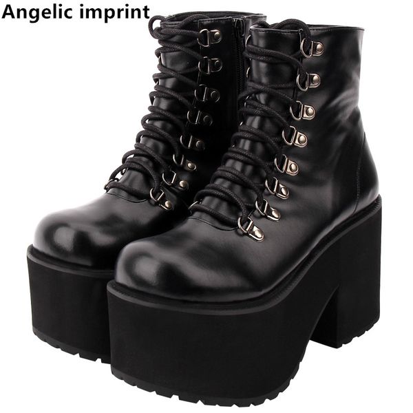 

angelic imprint handmade women fashion motorcycle punk boots lady short boots woman high trifle heels pumps shoes lace up 33-47, Black