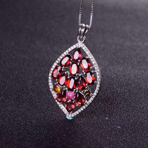 

natural multicolor tourmaline pendant s925 silver natural garnet pendant necklace trendy luxury flower leaves women jewelry