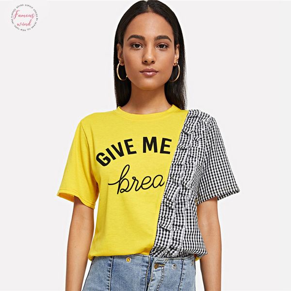

letter gingham panel ruffle trim tee short women 2019 summer casual streetwear female korean style fashion t shirt, White