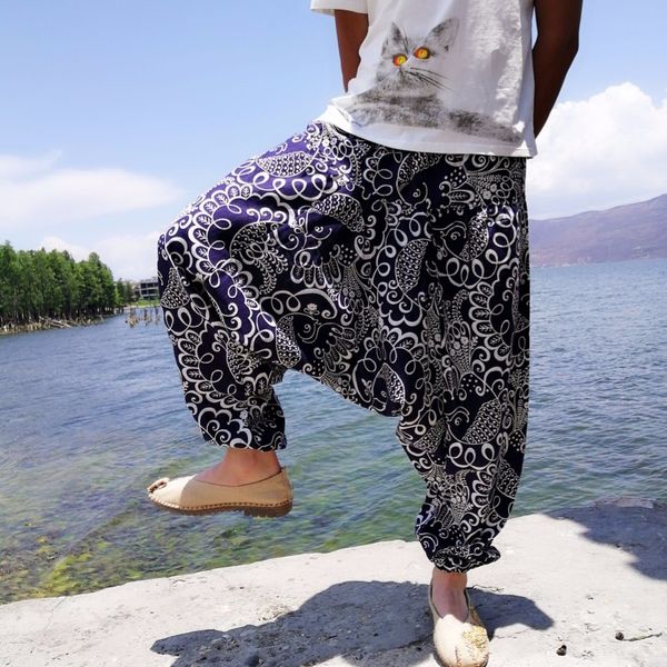 

20 print thai hip hop aladdin hmong baggy cotton linen harem pant men plus size wide leg trousers boho casual pants cross-pants, Black