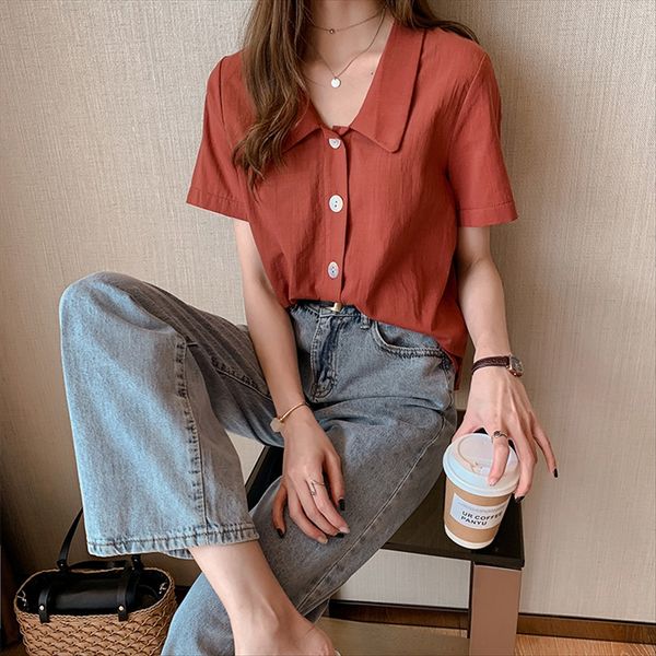 

2019 pure color short-sleeved female design sense niche korean fan 2019 pure color short-sleeved shirt female design sense niche kor, White