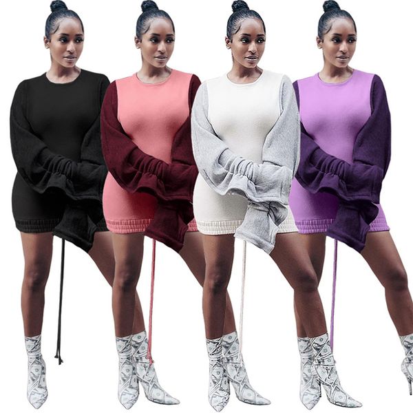 

womens bodycon dresses fashion panelled color puff sleeve mini dress casual crew neck long sleeve drawstring dress, Black;gray