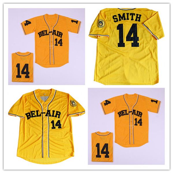 

men's #14 baseball jersey bel-air academy will smith embroidery fresh prince shirt yellow size s-3xl, Blue;black