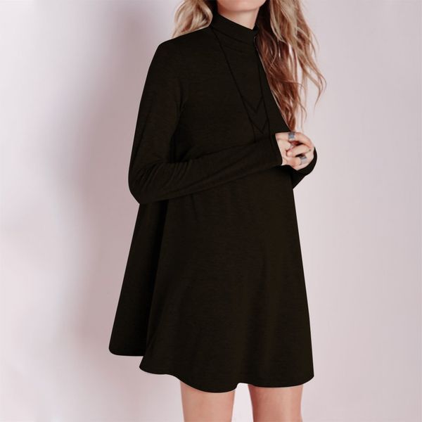 

long sleeve dress women solid color long sleeve round neck casual dress mini tank autumn 2019 tunic maxiparty dres, Black;gray