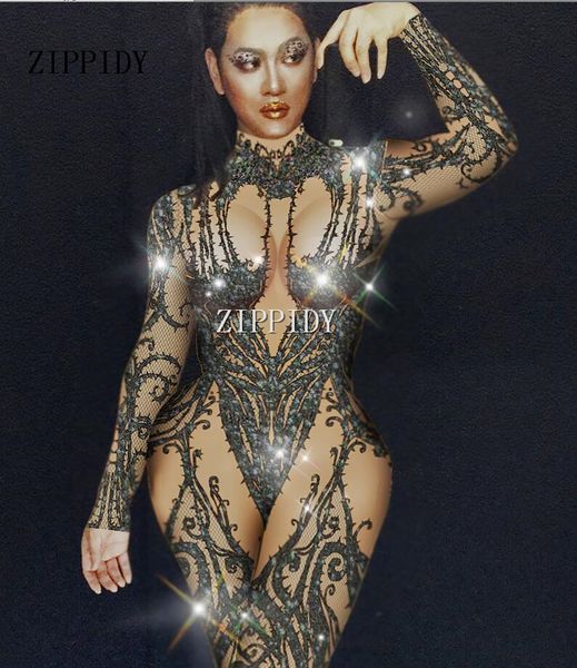 

black nude rhinestone jumpsuit nightclub bar wear stones bodysuit leggings prom celebrate outfit performance dress, Black;red