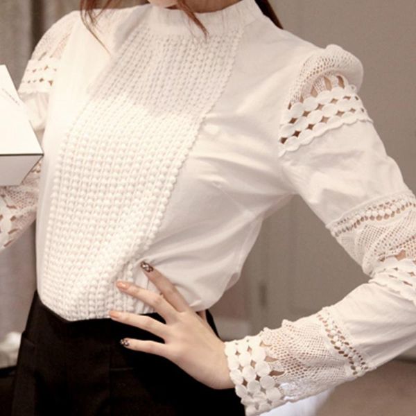 

2019 lace chiffon blouse women shirt plus size hook flower hollow casual ladies long sleeve womens and blouses s-5xl, White