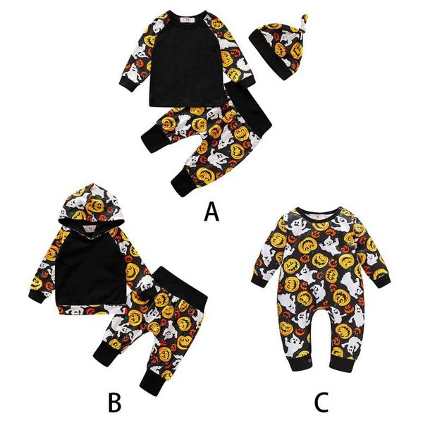 

2020 newborn infant toddler baby autumn baby boy girl halloween long sleeve pumpkin print t-shirt pants hat outfits bodysuit, White