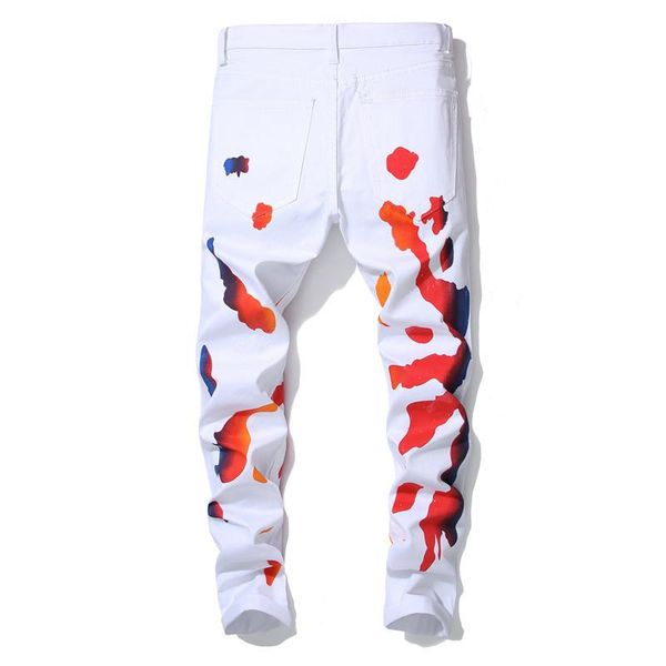 

mens new jeans pants white floral print button zipper pocket homme clothing amierican fashion style hip hop casual apparel, Blue