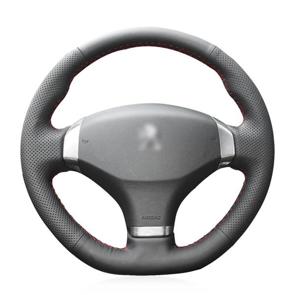 

hand sew black genuine leather car steering wheel cover for 2013 408