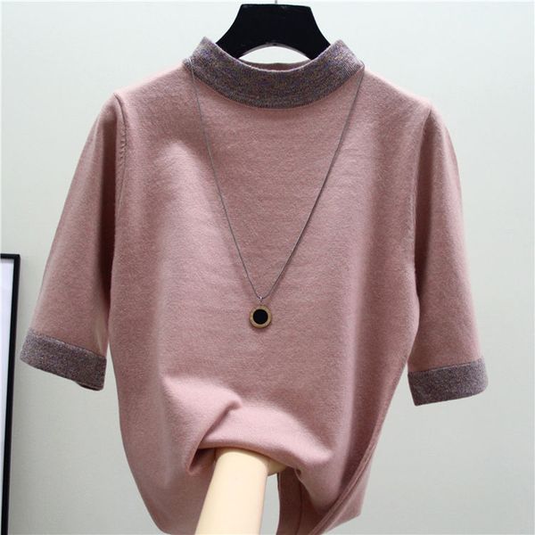 

summer cotton plus size women basic t-shirt turtleneck tee shirt woman knitted short sleeve spliced pullover t shirt, White