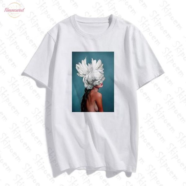 

new v neck cotton harajuku aesthetics tshirt flowers feather print short sleeve amp; tees fashion casual couple t shirt, White