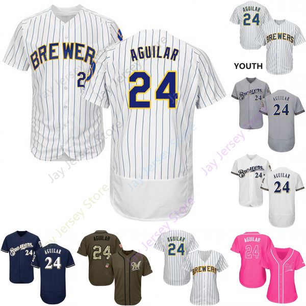 

2019 Milwaukee 24 Jesus Aguilar Jersey Brewers Jerseys Cool Base Flexbase Home Away White Black Red Grey Pullover Button Men Women Youth