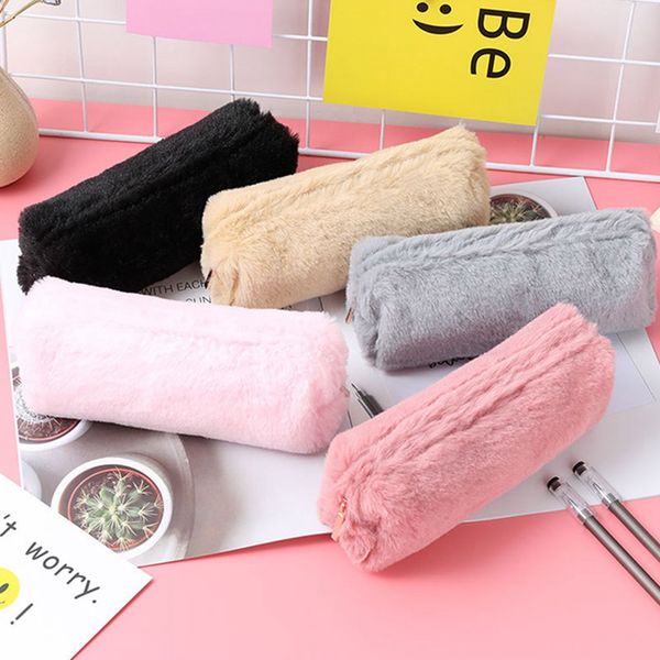 

cute creative solid color plush pencil case for girls pencil bag stationery case kawaii school supplies