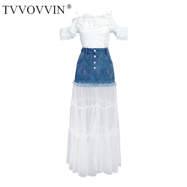 

tvvovvin 2020 summer new puff sleeve women's denim skirt+shirt personality gauze casual patchwork ruffles zipper short a066, White