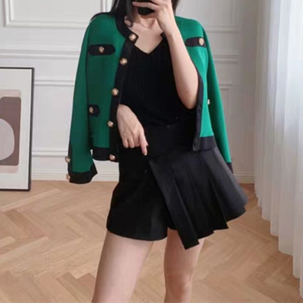 

hit color metal button knitted jacket women green o neck knitted outwear, White