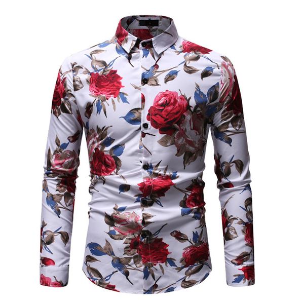 

men's shirt spring auutmn fashion streetwear printed lapel shirt male chic design long sleeves camisas hombre hawaiian, White;black
