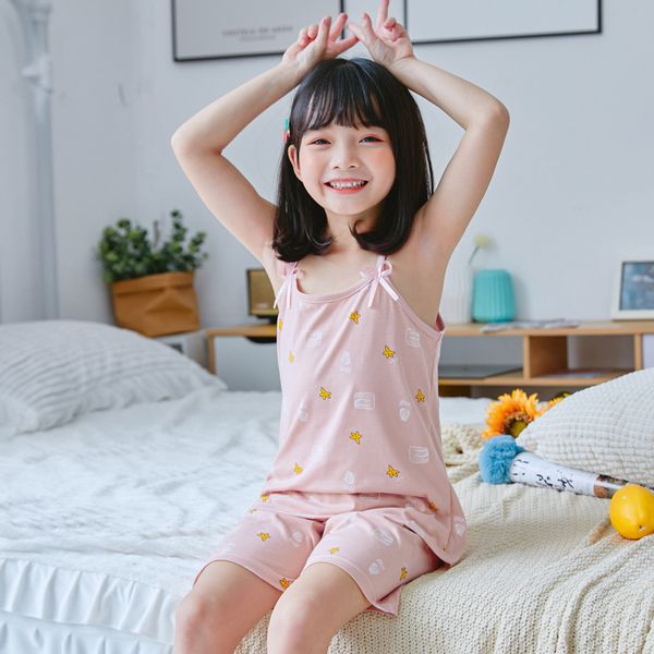 

brand sleeveless printing with bow sling shorts homewear kids pajamas for girls summer sleepwear children girl 5-14years, Blue;red