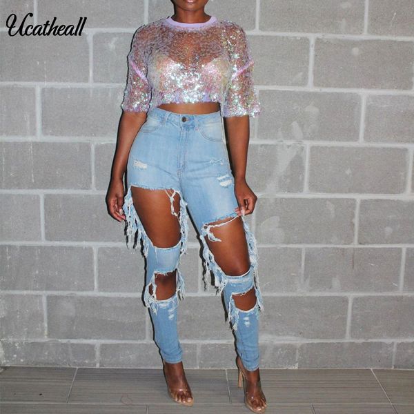 

ripped jeans women's thin hole slim hole denim pencil pants breeches overalls vintage female torn trousers, Blue