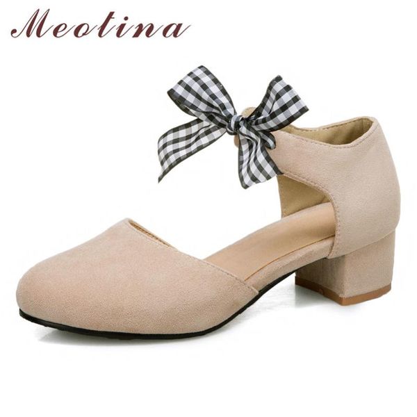 

meotina pumps women bow mid heel two-piece shoes round toe square heels ladies footwear autumn beige pink black large size 44
