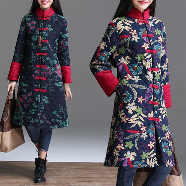 

classic selling] ethnic-style stand collar frog x-long overcoat long sleeve cotton linen thin cotton-padded clothes retro p, Blue;black