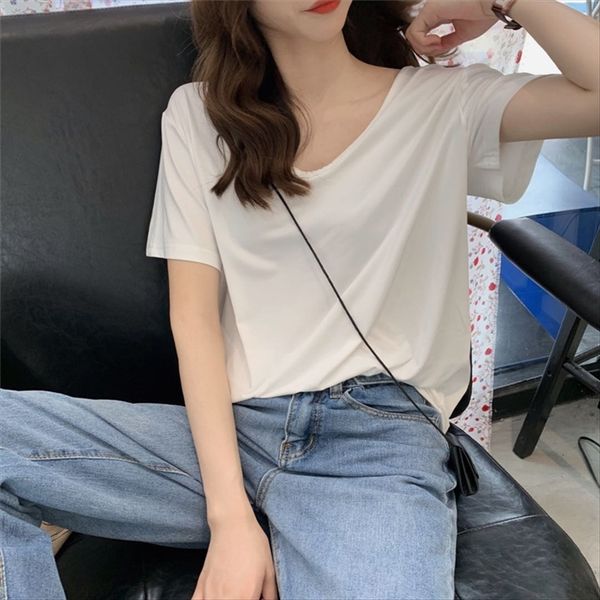 

summer all-match slim two-wear u-neck v-neck lazy loose t-shirt comfortable breathable simple short sleeve female, White