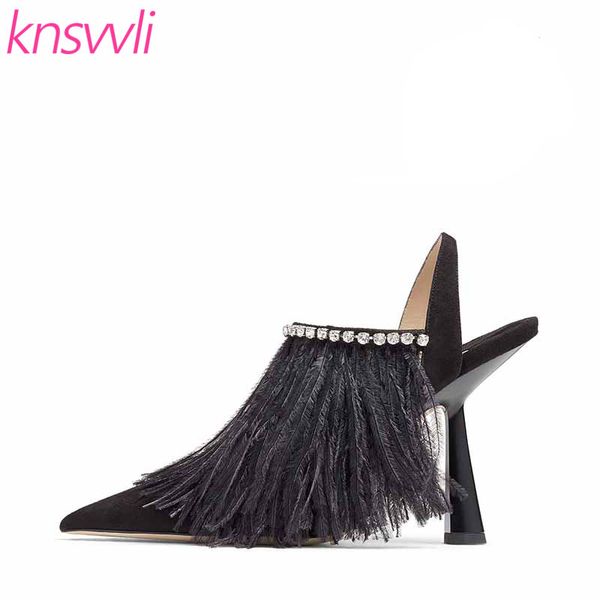 

new runway party shoes woman high heels ostrich hair women pumps pointed toe suede leather slingbacks rhinestone sandals ladies, Black