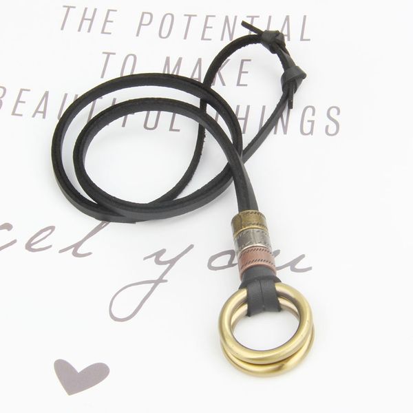 

adjustable leather cord chain men vintage pendant two circle necklace, Silver