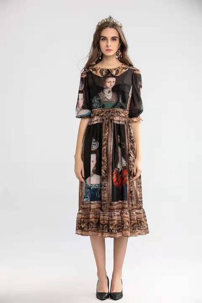 

celebrity temperament early spring 2020 new court retro british oil painting queen print slim temperament holiday dress, Black