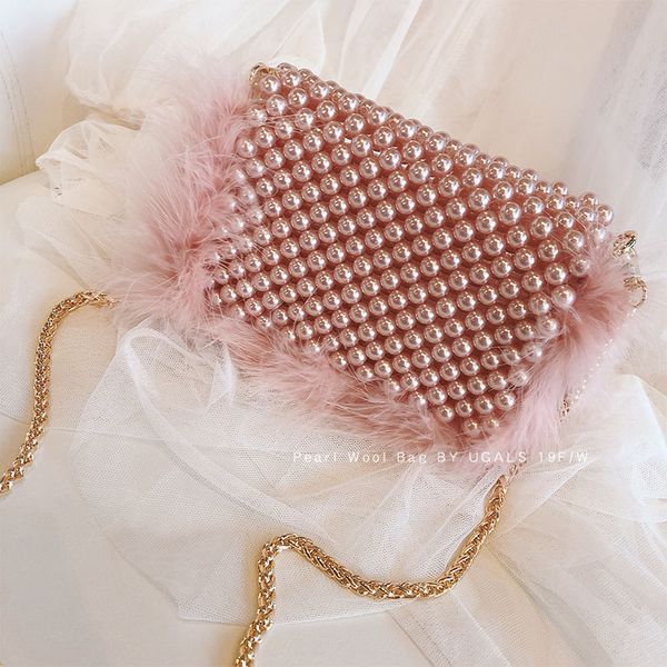 

faux fur pearl evening bag women hand woven panelled beaded tote purses and handbags female cute shoulder bag dinner party new