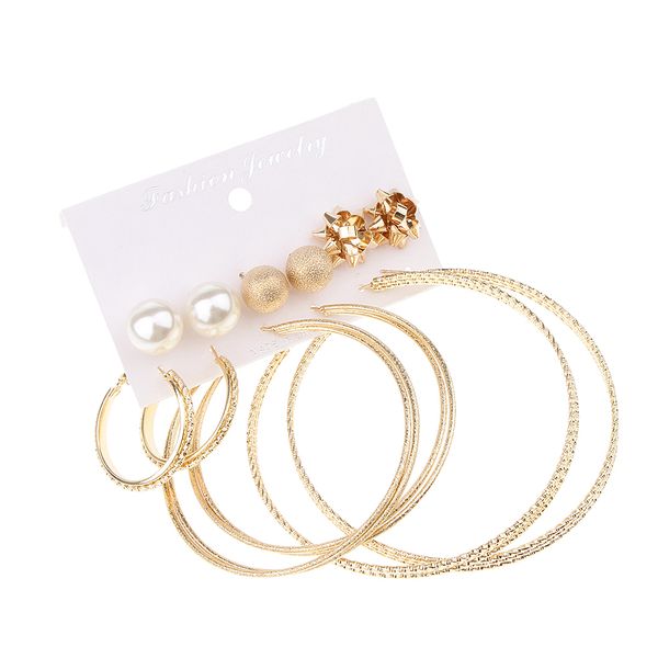 

6 pairs assorted faux pearl metal stud mix size round hoop earrings set, Golden